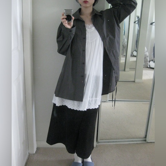 [SOLD] Unique Korean Grey Unbalanced Button Up Shirt with Ribbons - Picture 2 of 10